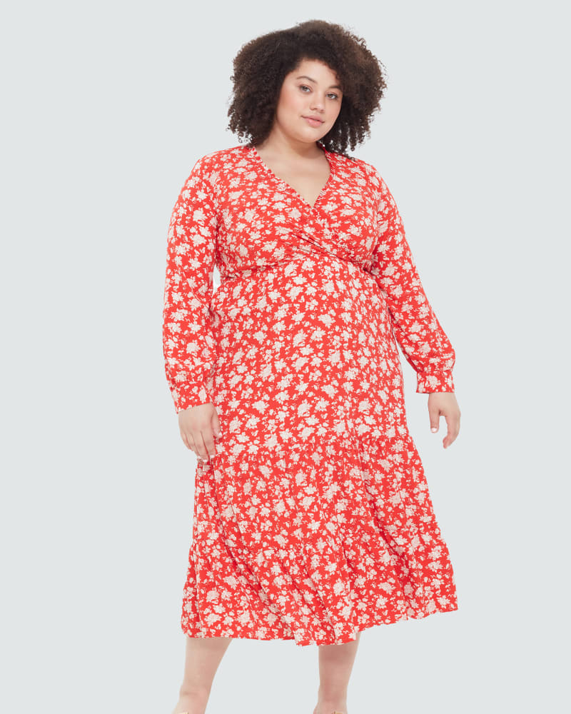 Front of a model wearing a size 0X Maria Wrap Front Ruffle Midi Dress in Red White Floral by DEX PLUS. | dia_product_style_image_id:268441